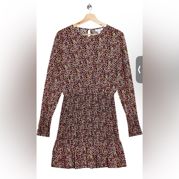 Topshop Floral Bottom Ruched Mini Dress Scoop Neck Long Sleeve Open Back Size 10 - Picture 4 of 9